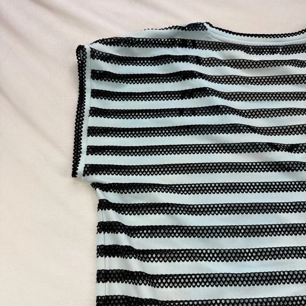 Calvin Klein Striped Mesh‎ Swim Cover-Up Dress Blue Black V-Neck Pockets Large